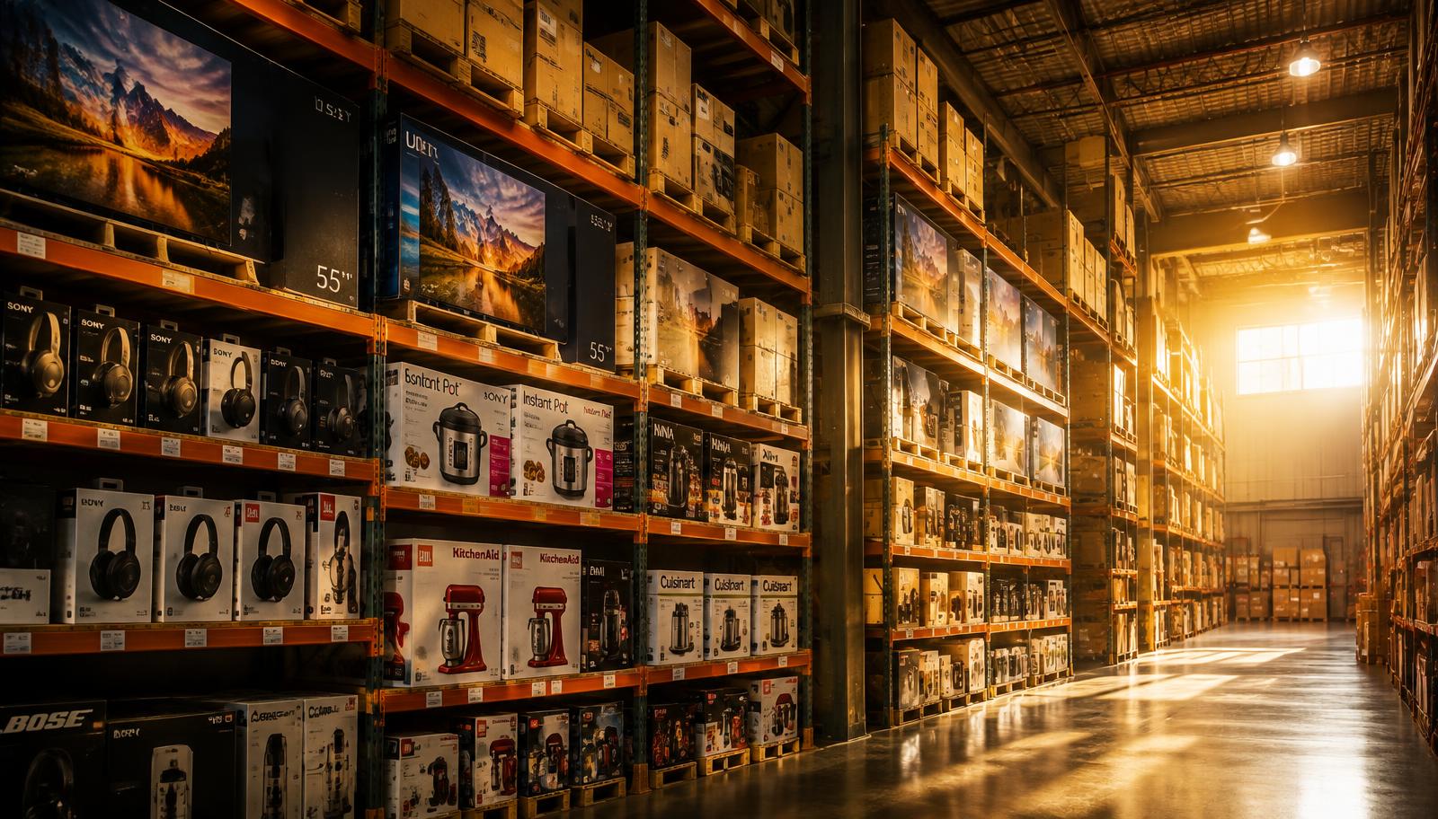 Warehouse shelves packed with overstock electronics and appliances